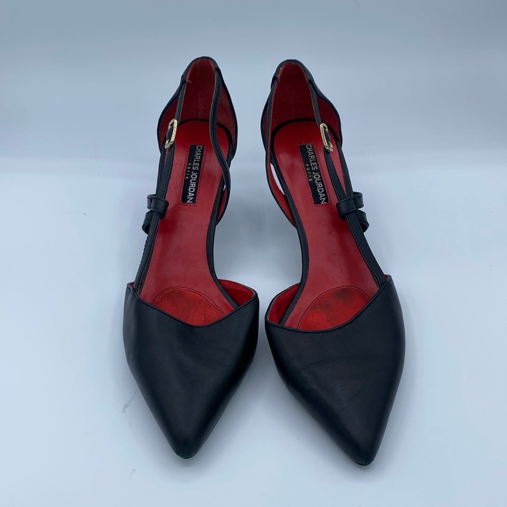 Charles Jourdan Black Leather Pointed Toe Slingback Heels with Red Insole